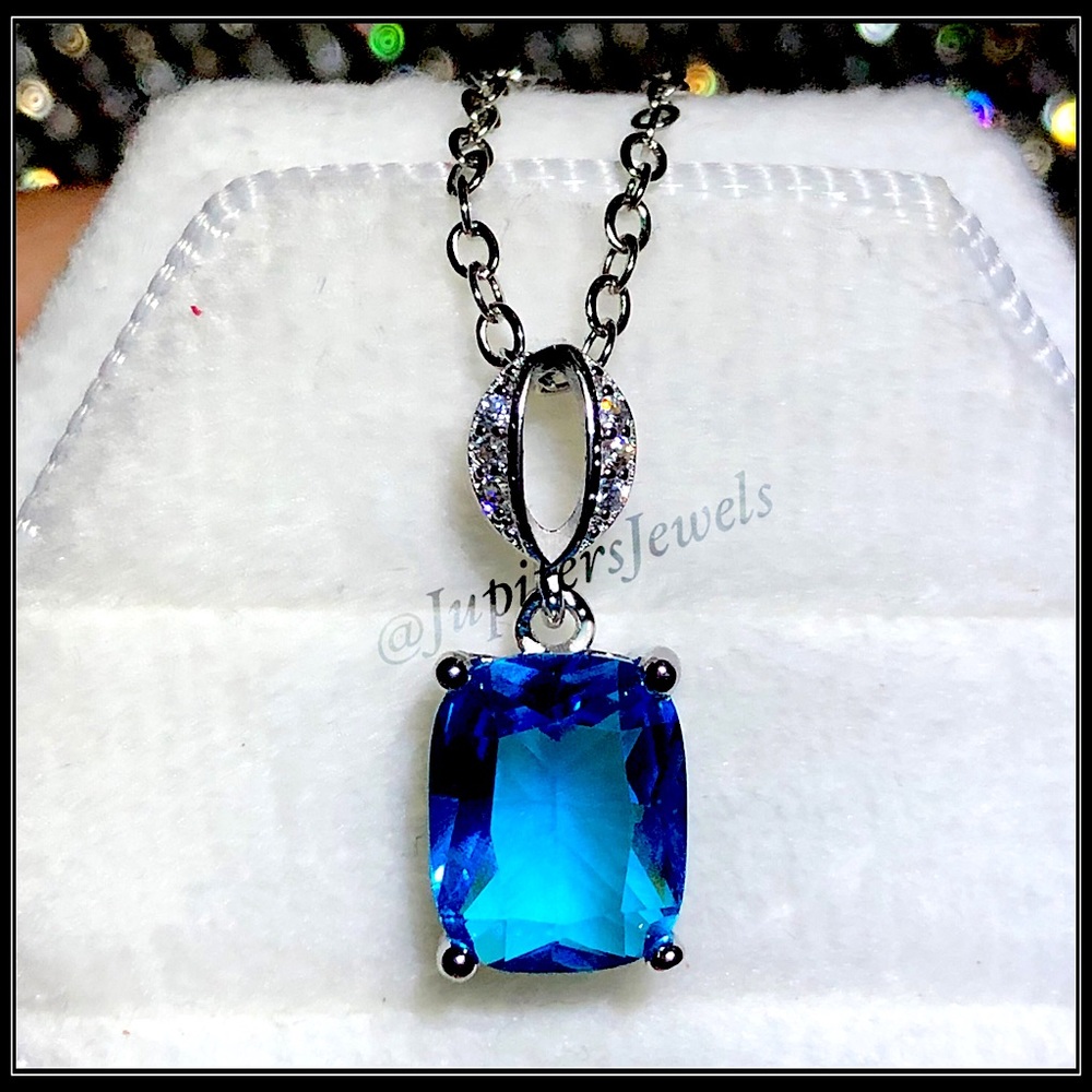 NEW 925 SILVER EMERALD CUT LONDON BLUE TOPAZ SIMULATED DIAMOND NECKLACE